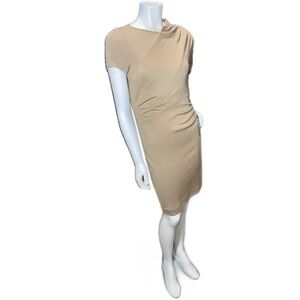 CATHERINE MALANDRINO Camel Wool Ruched‎ Sheath Midi Dress M NEEDS MINOR REPAIRS